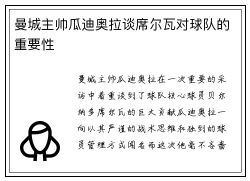 曼城主帅瓜迪奥拉谈席尔瓦对球队的重要性